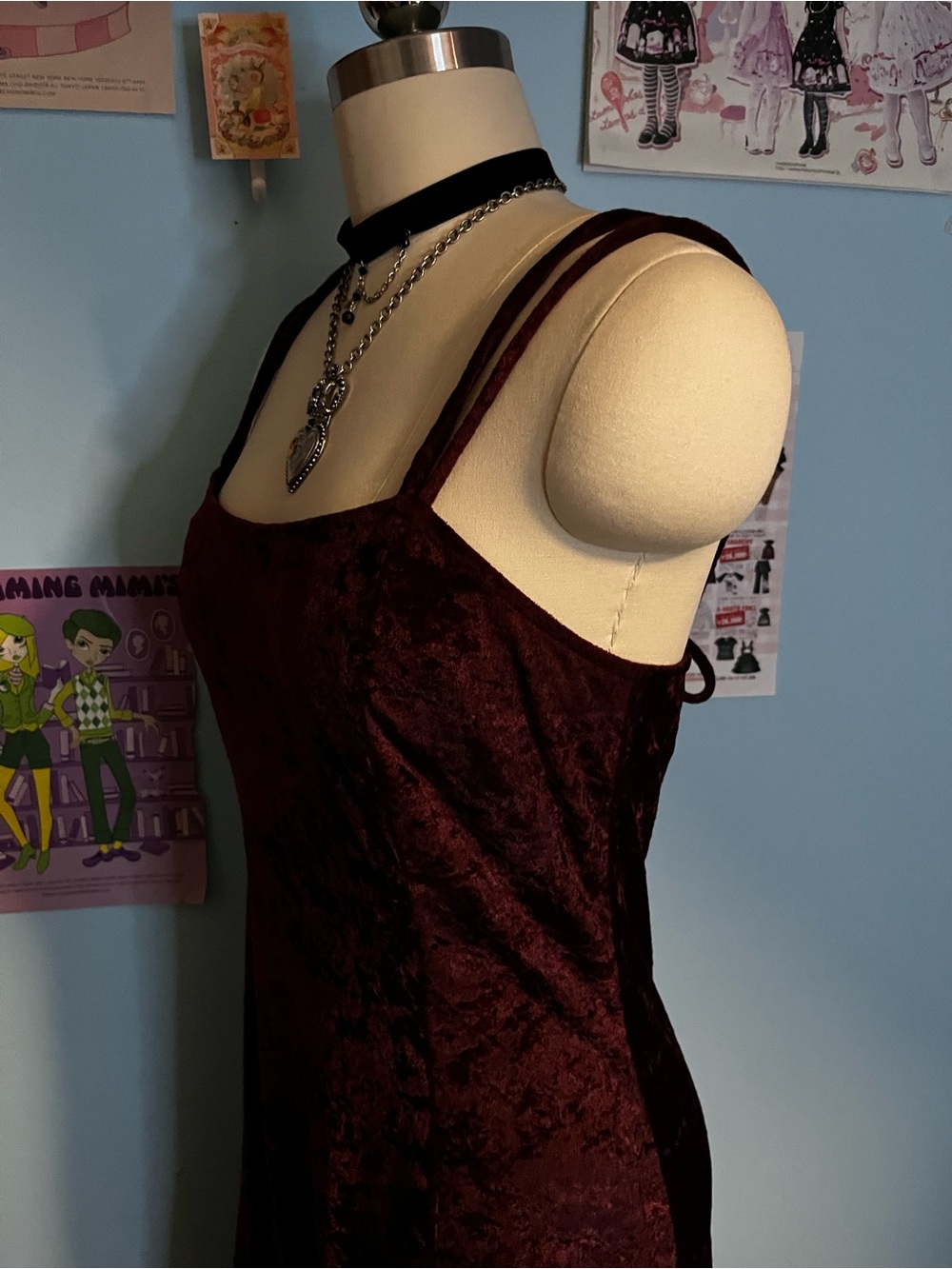 Vintage 90s Y2K Burgundy Stretch Velvet Whimsigoth Maxi Dress Sm/Md - Picture 4 of 10